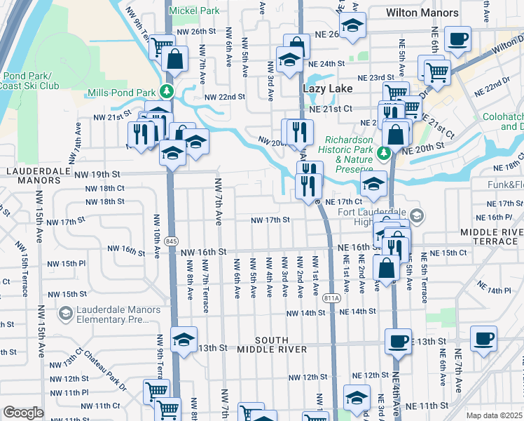 map of restaurants, bars, coffee shops, grocery stores, and more near 501 Northwest 17th Street in Fort Lauderdale