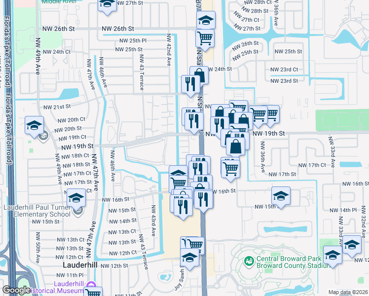 map of restaurants, bars, coffee shops, grocery stores, and more near 4042 Northwest 19th Street in Lauderhill