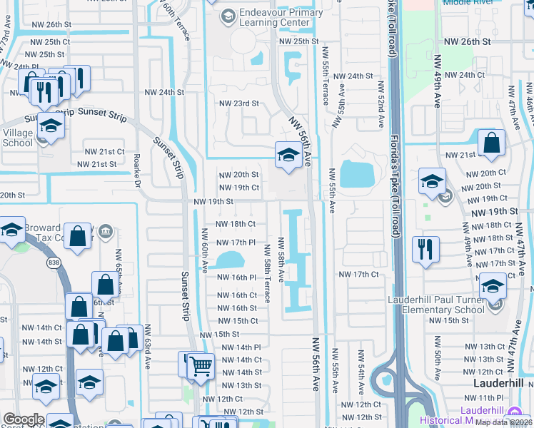 map of restaurants, bars, coffee shops, grocery stores, and more near 1871 Northwest 58th Terrace in Sunrise