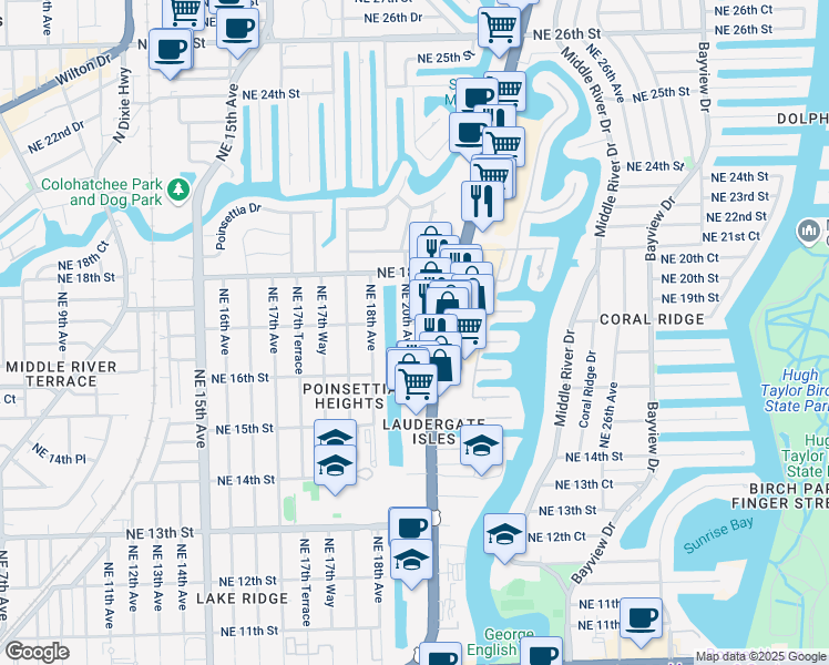 map of restaurants, bars, coffee shops, grocery stores, and more near 1620 Northeast 20th Avenue in Fort Lauderdale