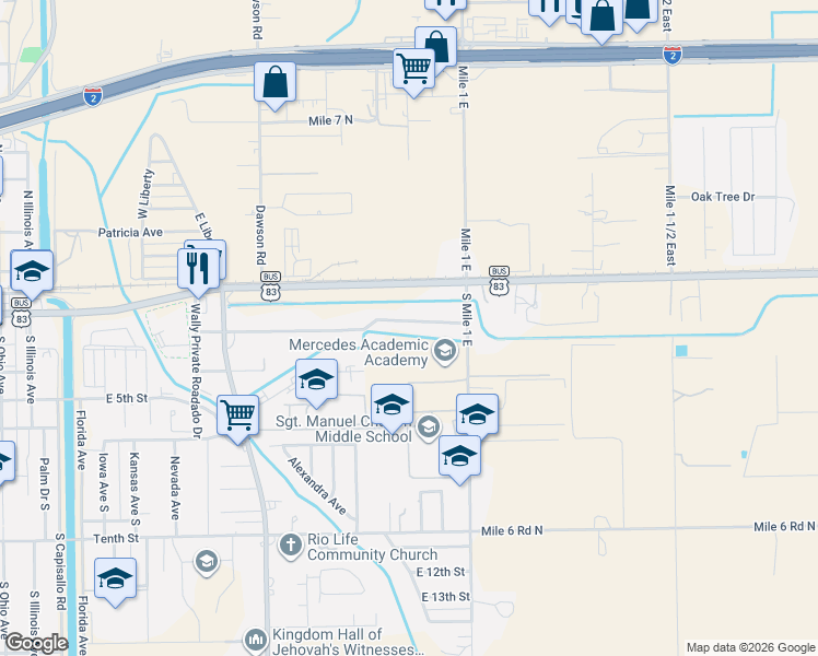 map of restaurants, bars, coffee shops, grocery stores, and more near 1128 Orange Street in Mercedes