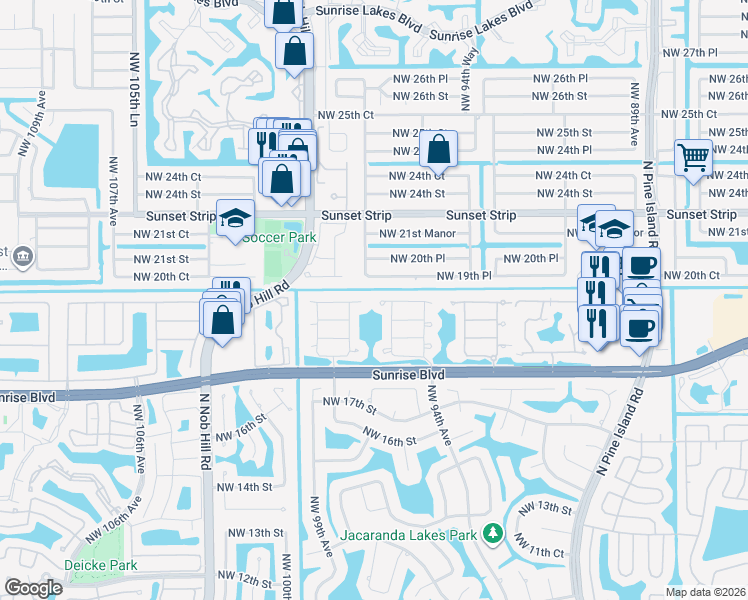 map of restaurants, bars, coffee shops, grocery stores, and more near 1877 Northwest 96th Avenue in Plantation