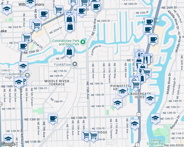 map of restaurants, bars, coffee shops, grocery stores, and more near 1512 Northeast 17th Street in Fort Lauderdale