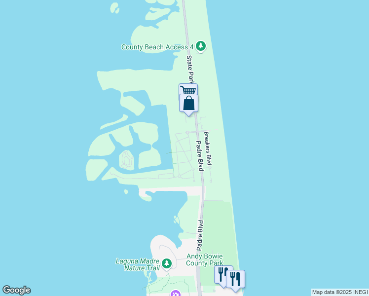 map of restaurants, bars, coffee shops, grocery stores, and more near in South Padre Island