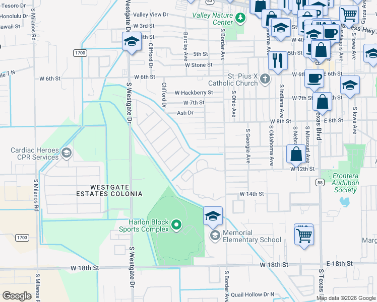 map of restaurants, bars, coffee shops, grocery stores, and more near 1009 Chrysolite Drive South in Weslaco