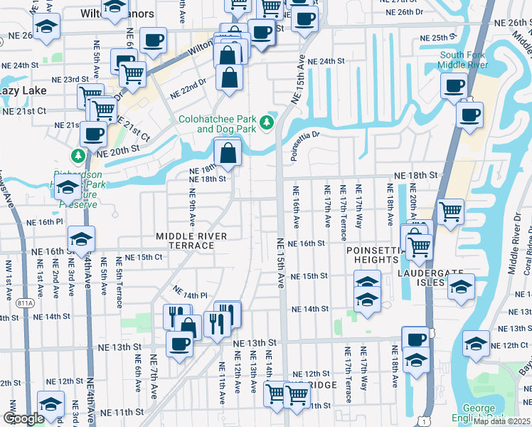 map of restaurants, bars, coffee shops, grocery stores, and more near 1407 Northeast 17th Street in Fort Lauderdale