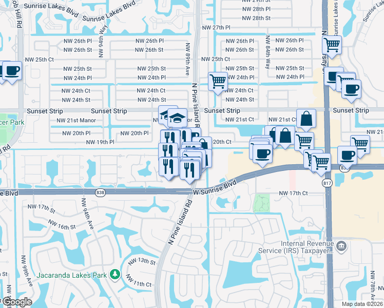 map of restaurants, bars, coffee shops, grocery stores, and more near 1949 North Pine Island Road in Plantation
