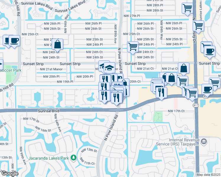 map of restaurants, bars, coffee shops, grocery stores, and more near 1907 North Pine Island Road in Plantation