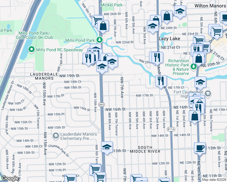 map of restaurants, bars, coffee shops, grocery stores, and more near 1713 Northwest 7th Terrace in Fort Lauderdale