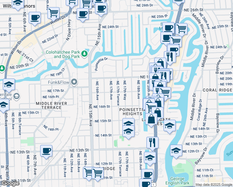 map of restaurants, bars, coffee shops, grocery stores, and more near 1645 Northeast 17th Terrace in Fort Lauderdale