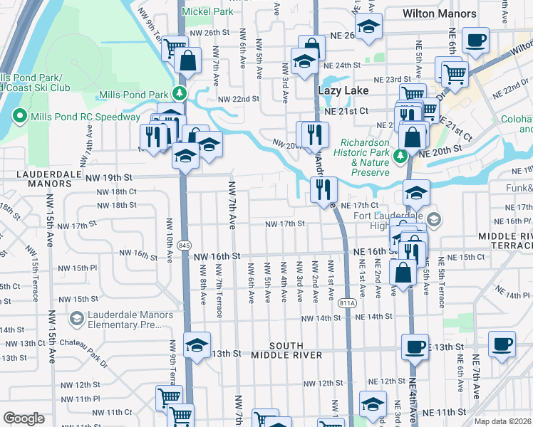 map of restaurants, bars, coffee shops, grocery stores, and more near 503 Northwest 17th Street in Fort Lauderdale