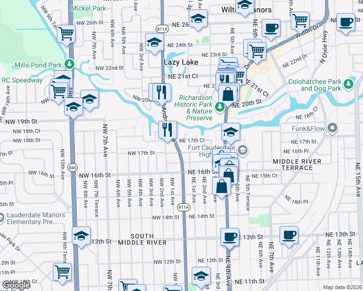 map of restaurants, bars, coffee shops, grocery stores, and more near 1700 North Andrews Avenue in Fort Lauderdale