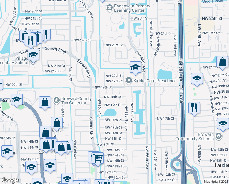 map of restaurants, bars, coffee shops, grocery stores, and more near 1870 Northwest 59th Terrace in Sunrise
