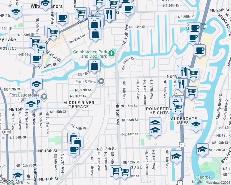 map of restaurants, bars, coffee shops, grocery stores, and more near 1407 Northeast 17th Street in Fort Lauderdale