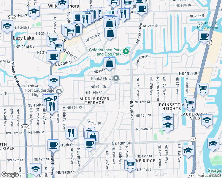 map of restaurants, bars, coffee shops, grocery stores, and more near 1647 Northeast 12th Terrace in Fort Lauderdale