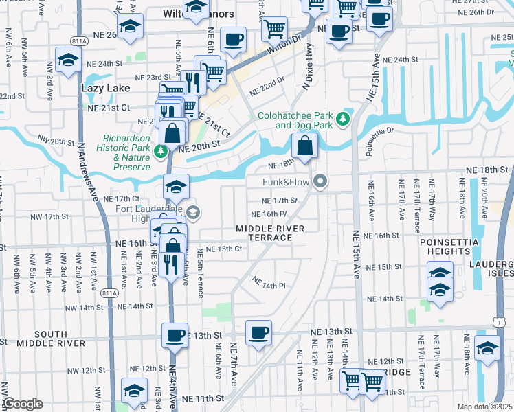 map of restaurants, bars, coffee shops, grocery stores, and more near 1701 Northeast 8th Avenue in Fort Lauderdale