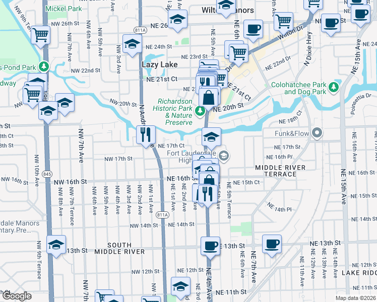 map of restaurants, bars, coffee shops, grocery stores, and more near 1699 Northeast 3rd Avenue in Fort Lauderdale