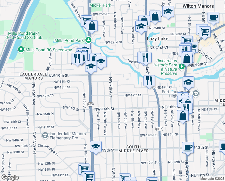 map of restaurants, bars, coffee shops, grocery stores, and more near 1712 Northwest 7th Avenue in Fort Lauderdale