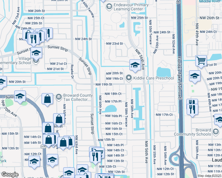 map of restaurants, bars, coffee shops, grocery stores, and more near 1870 Northwest 59th Terrace in Sunrise