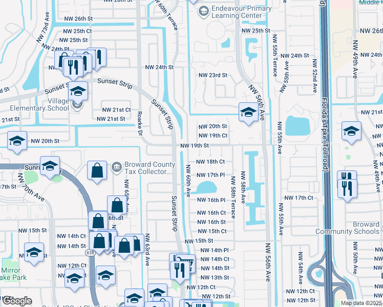 map of restaurants, bars, coffee shops, grocery stores, and more near 1861 Northwest 59th Way in Sunrise