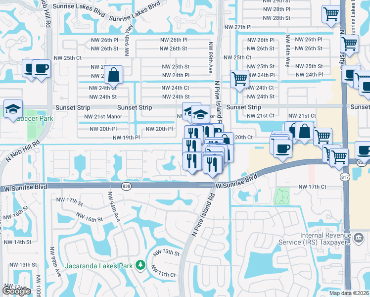 map of restaurants, bars, coffee shops, grocery stores, and more near 9011 West Sunrise Boulevard in Plantation