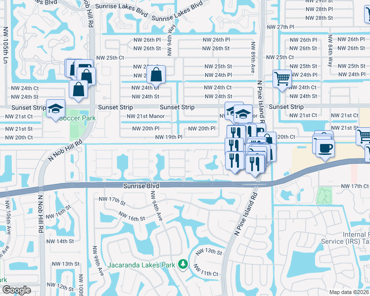 map of restaurants, bars, coffee shops, grocery stores, and more near 1874 Northwest 93rd Terrace in Plantation