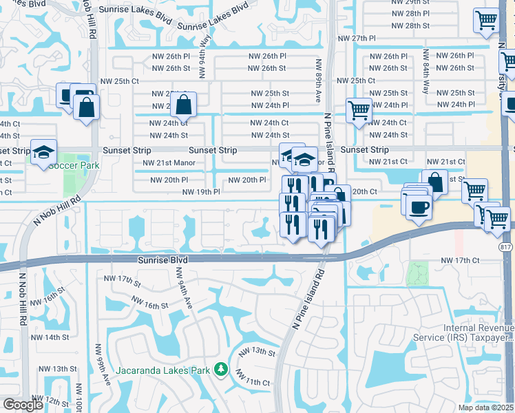 map of restaurants, bars, coffee shops, grocery stores, and more near 9107 West Sunrise Boulevard in Plantation