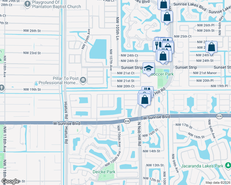 map of restaurants, bars, coffee shops, grocery stores, and more near 10611 Northwest 18th Drive in Plantation