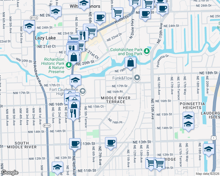 map of restaurants, bars, coffee shops, grocery stores, and more near 1701 Northeast 8th Avenue in Fort Lauderdale