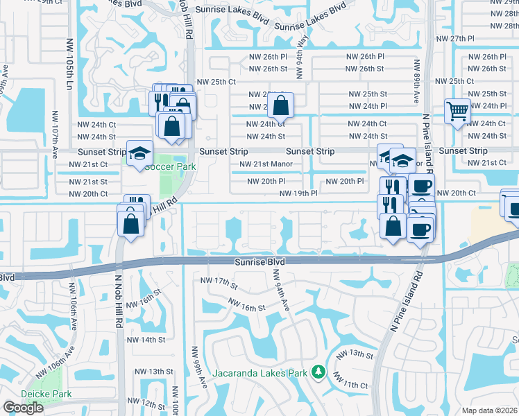 map of restaurants, bars, coffee shops, grocery stores, and more near 9481 Northwest 18th Drive in Plantation