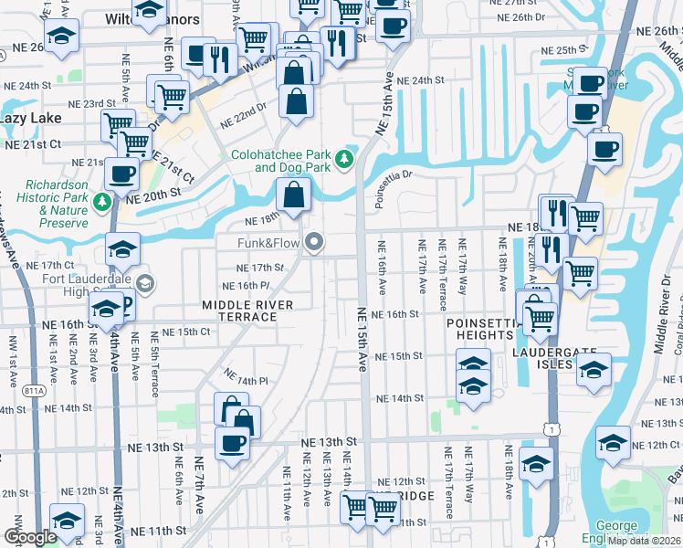 map of restaurants, bars, coffee shops, grocery stores, and more near 1407 Northeast 17th Street in Fort Lauderdale