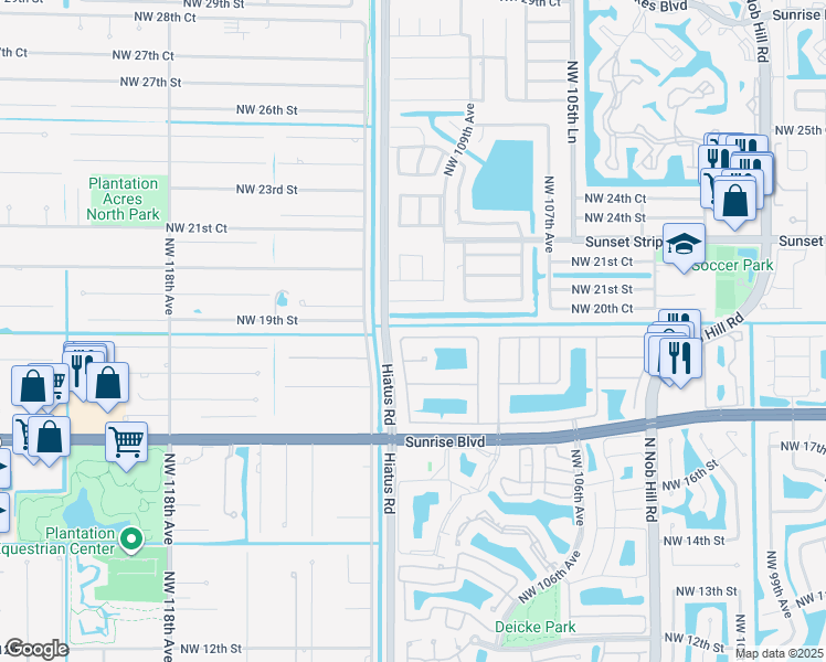 map of restaurants, bars, coffee shops, grocery stores, and more near 11057 Northwest 18th Drive in Plantation