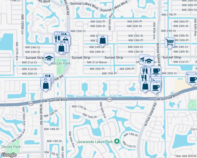 map of restaurants, bars, coffee shops, grocery stores, and more near 9401 Northwest 18th Drive in Plantation