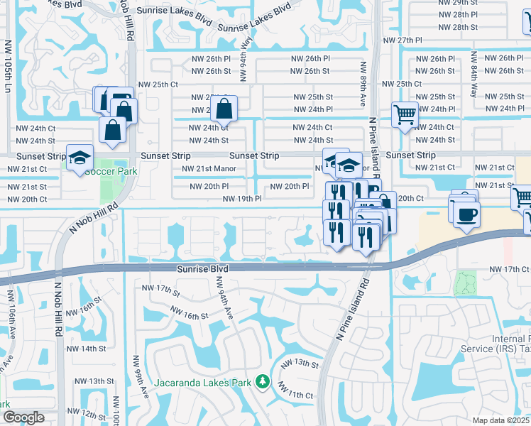 map of restaurants, bars, coffee shops, grocery stores, and more near 1874 Northwest 93rd Terrace in Plantation