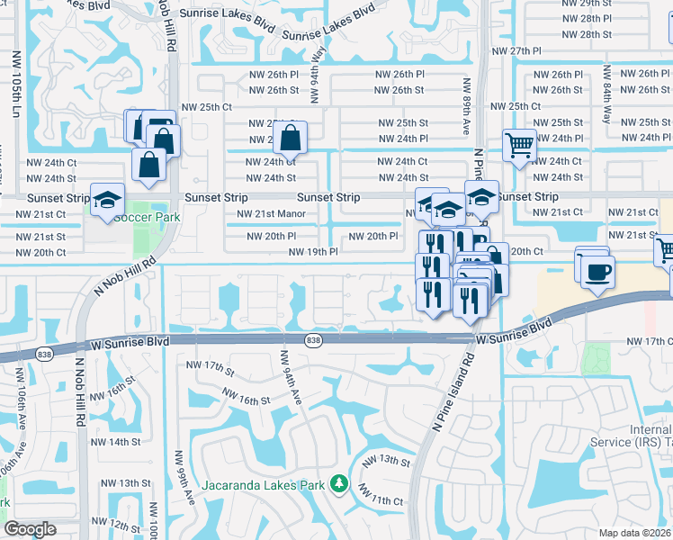 map of restaurants, bars, coffee shops, grocery stores, and more near 9371 Northwest 18th Drive in Plantation
