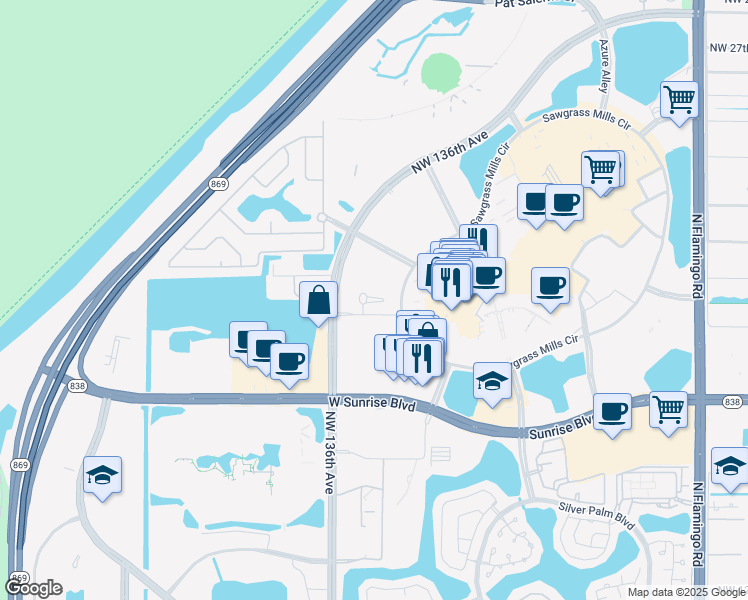 map of restaurants, bars, coffee shops, grocery stores, and more near 2000 Metropica Way in Sunrise