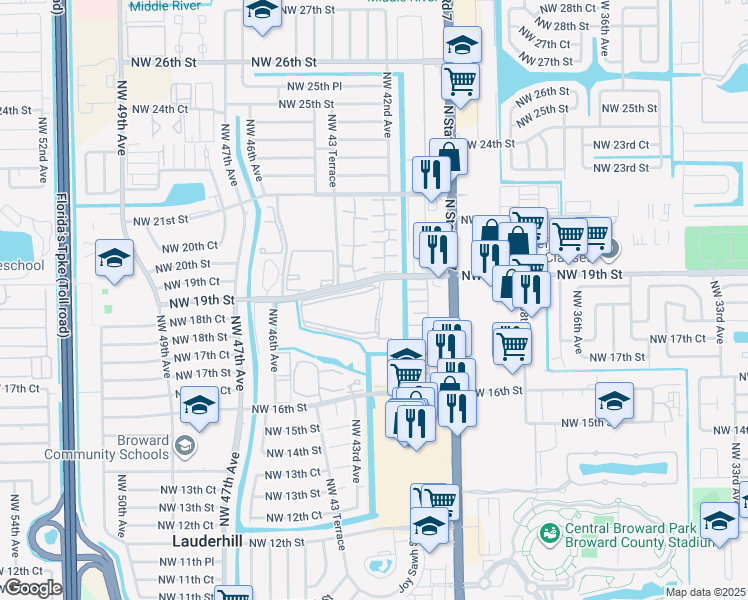 map of restaurants, bars, coffee shops, grocery stores, and more near 1891 Northwest 42nd Terrace in Lauderhill