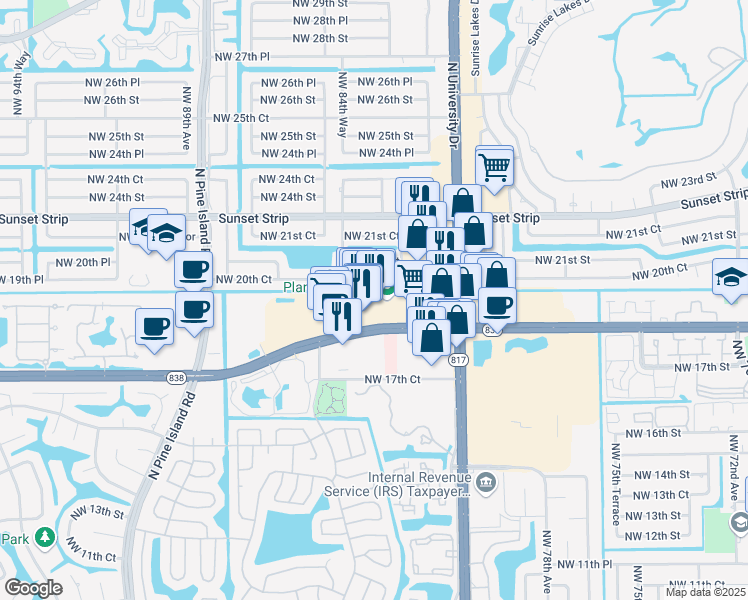 map of restaurants, bars, coffee shops, grocery stores, and more near 8235 West Sunrise Boulevard in Plantation