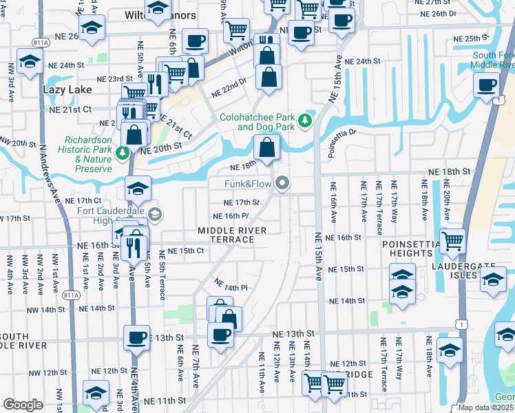 map of restaurants, bars, coffee shops, grocery stores, and more near 1016 Northeast 17th Street in Fort Lauderdale