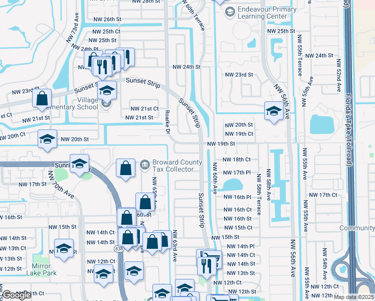 map of restaurants, bars, coffee shops, grocery stores, and more near 6221 Northwest 18th Place in Sunrise