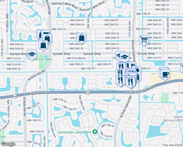 map of restaurants, bars, coffee shops, grocery stores, and more near 9371 Northwest 18th Drive in Plantation