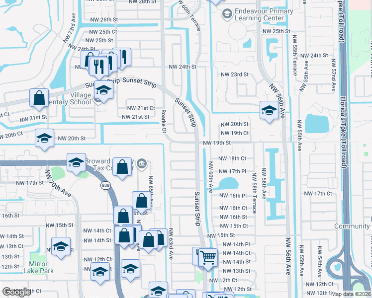 map of restaurants, bars, coffee shops, grocery stores, and more near 6221 Northwest 18th Place in Sunrise