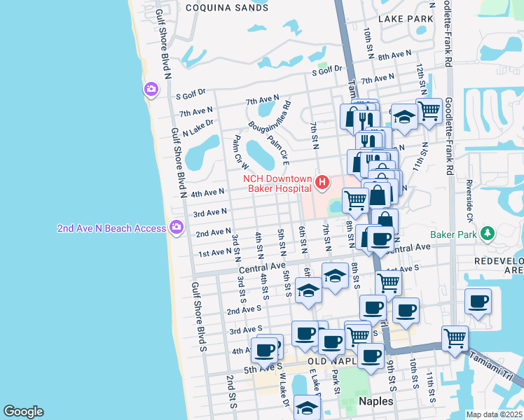 map of restaurants, bars, coffee shops, grocery stores, and more near 434 3rd Avenue North in Naples