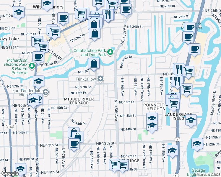 map of restaurants, bars, coffee shops, grocery stores, and more near 1407 Northeast 17th Street in Fort Lauderdale