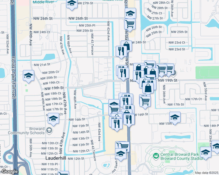 map of restaurants, bars, coffee shops, grocery stores, and more near 4042 Northwest 19th Street in Lauderhill