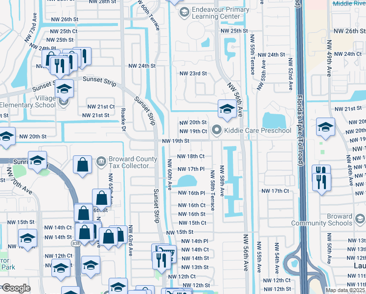 map of restaurants, bars, coffee shops, grocery stores, and more near 1861 Northwest 59th Way in Sunrise