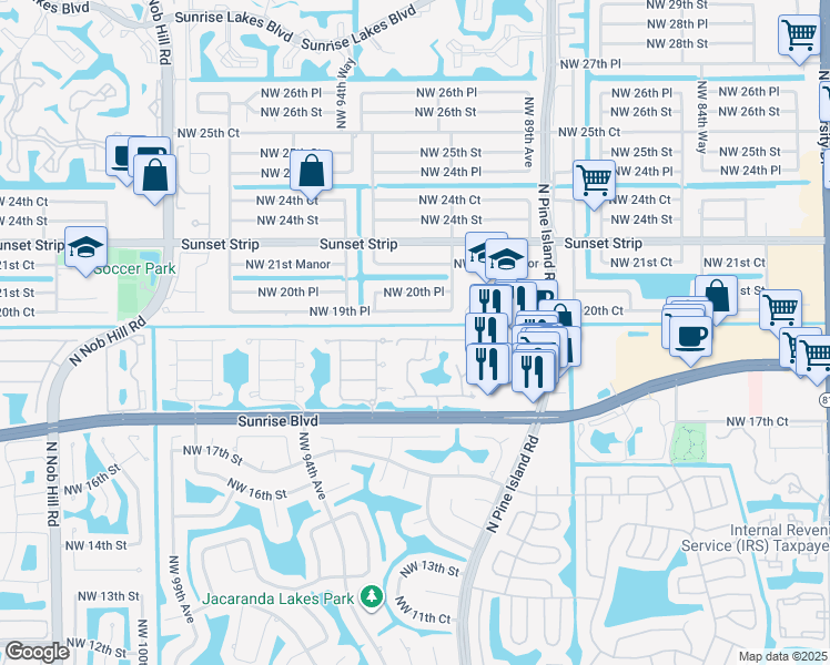 map of restaurants, bars, coffee shops, grocery stores, and more near 9107 West Sunrise Boulevard in Plantation