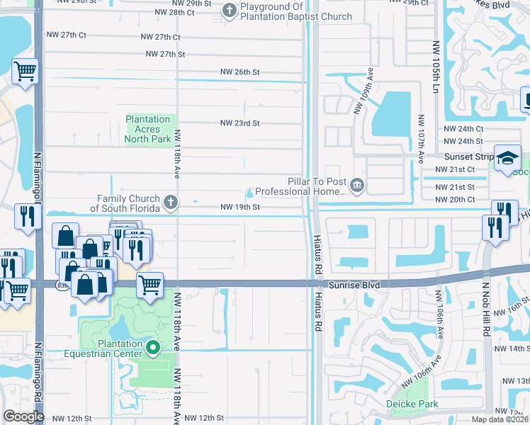 map of restaurants, bars, coffee shops, grocery stores, and more near 11450 Northwest 19th Street in Plantation