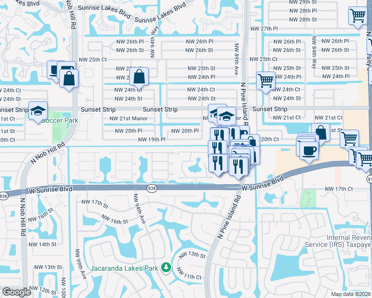 map of restaurants, bars, coffee shops, grocery stores, and more near 9107 West Sunrise Boulevard in Plantation