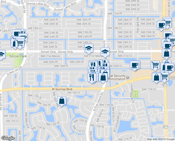 map of restaurants, bars, coffee shops, grocery stores, and more near 9011 West Sunrise Boulevard in Plantation